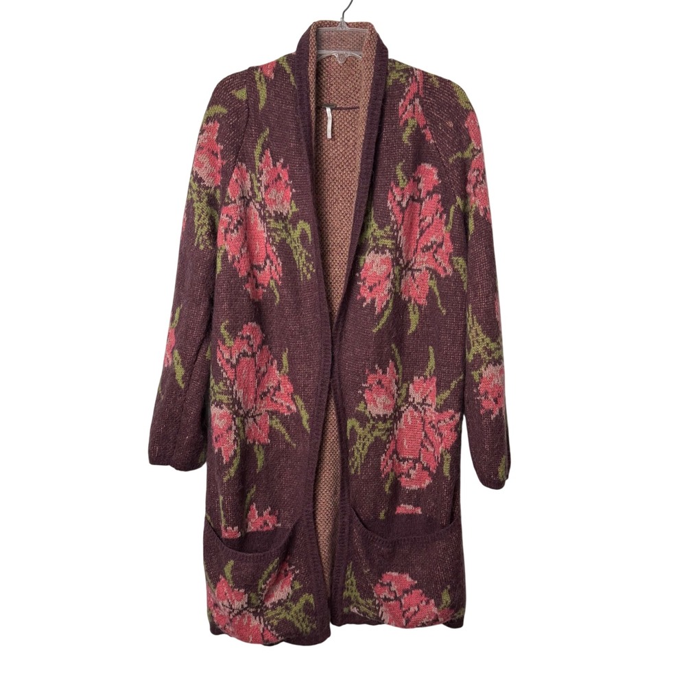 Free People Flower Power Floral Alpaca Wool Blend Long Cardigan Sweater Size L